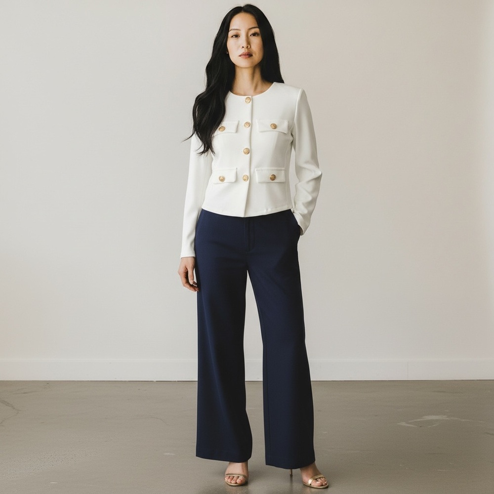 1188 • Scuba Stretch White Collarless Gold Button Lady Jacket Blazer Top - Picture 2 of 4